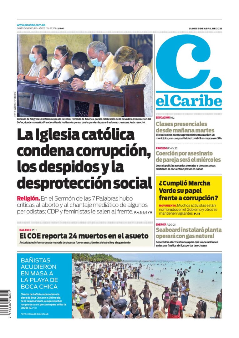 Portada Periódico El Caribe, Lunes 05 de Abril, 2021