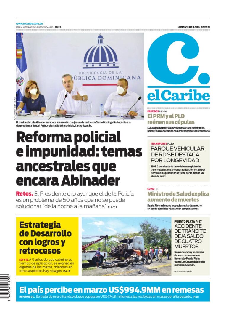 Portada Periódico El Caribe, Lunes 12 de Abril, 2021