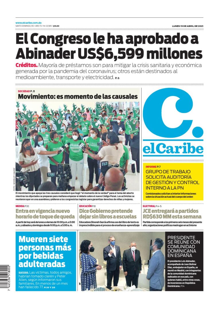 Portada Periódico El Caribe, Lunes 19 de Abril, 2021
