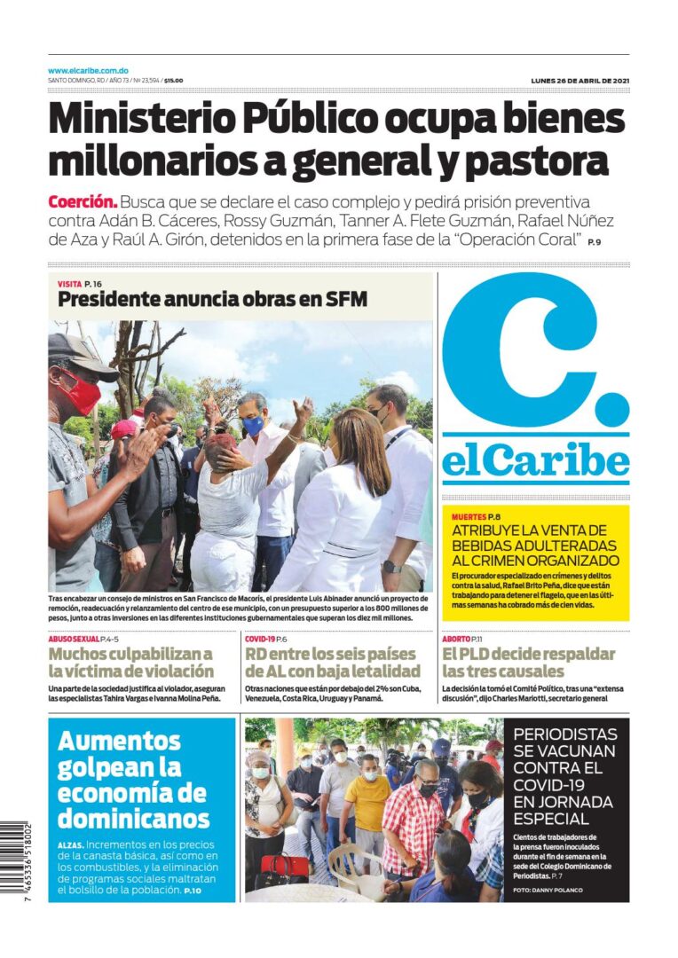 Portada Periódico El Caribe, Lunes 26 de Abril, 2021