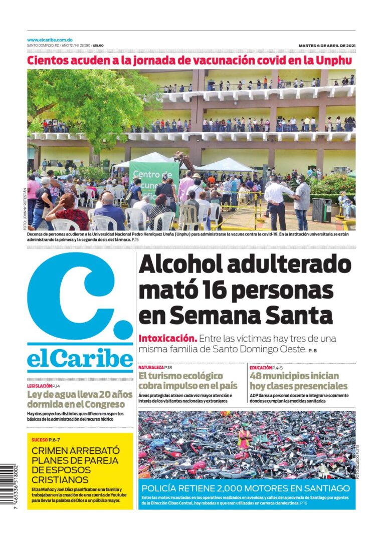 Portada Periódico El Caribe, Martes 06 de Abril, 2021