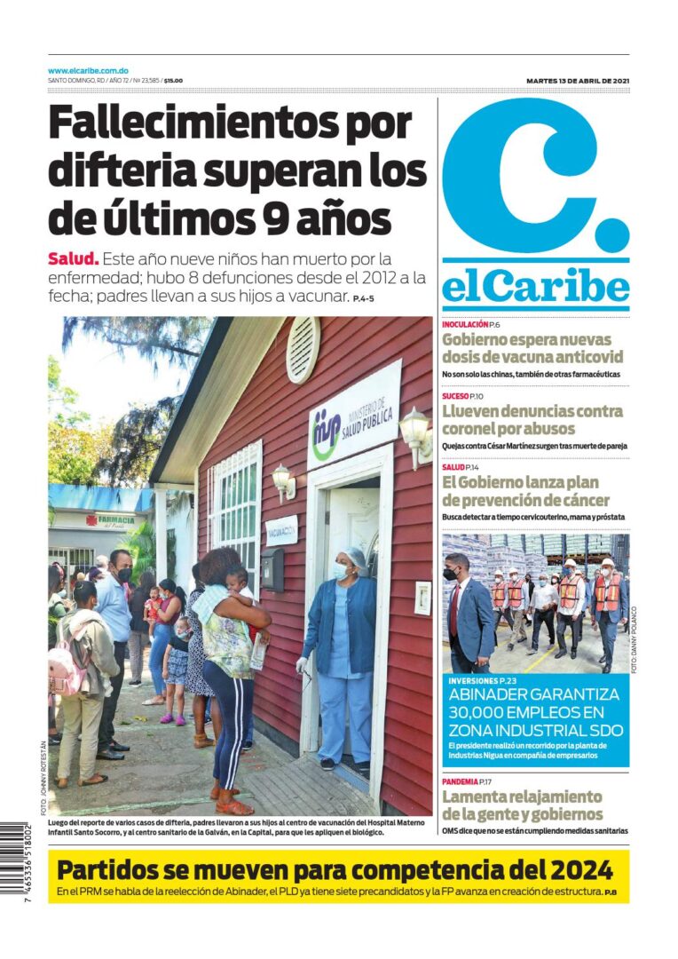 Portada Periódico El Caribe, Martes 13 de Abril, 2021