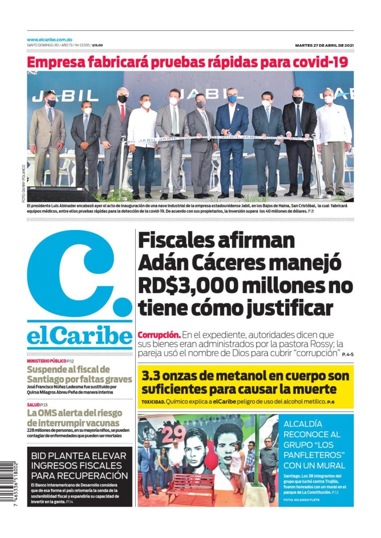Portada Periódico El Caribe, Martes 27 de Abril, 2021