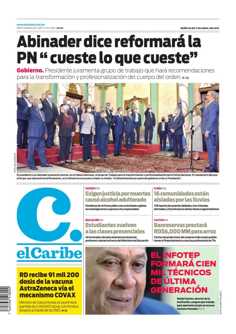 Portada Periódico El Caribe, Miércoles 07 de Abril, 2021