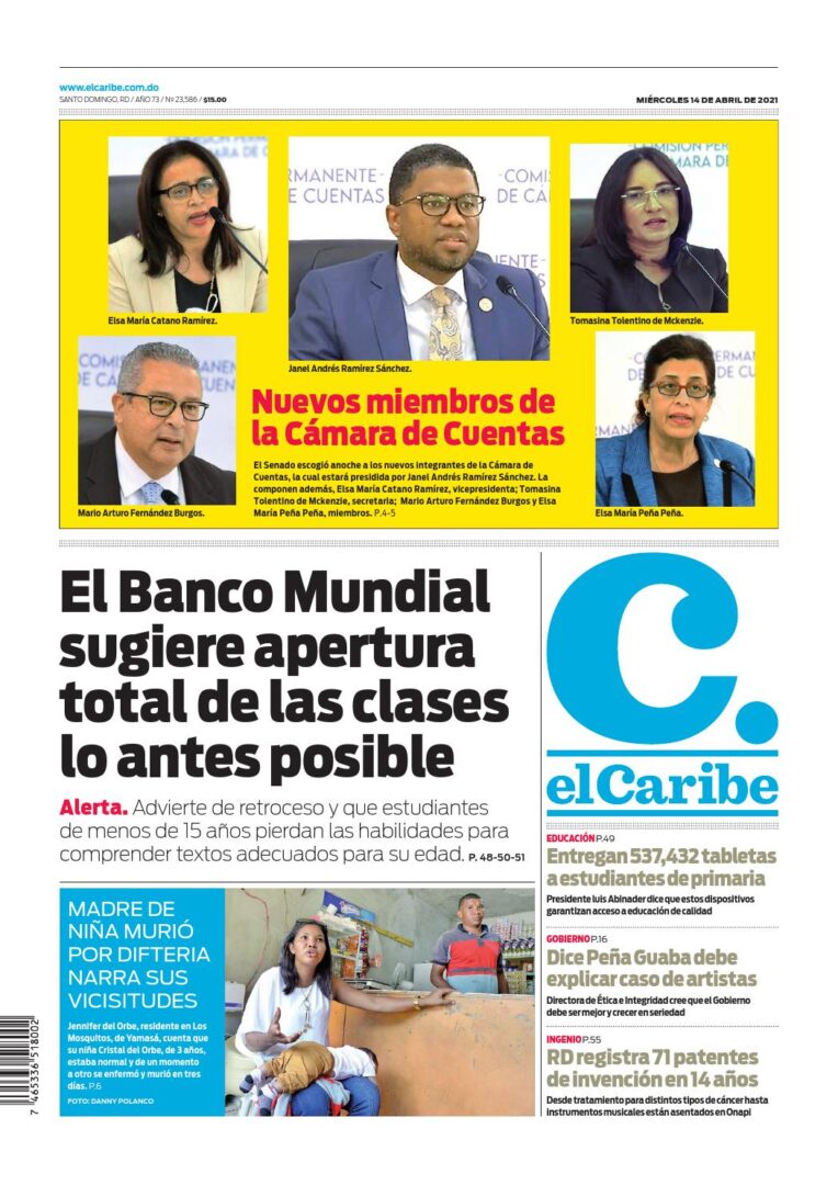 Portada Periódico El Caribe, Miércoles 14 de Abril, 2021