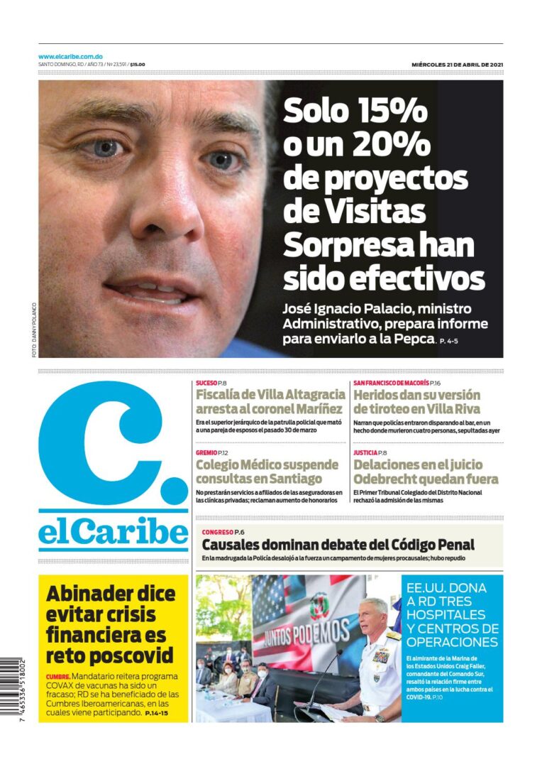 Portada Periódico El Caribe, Miércoles 21 de Abril, 2021