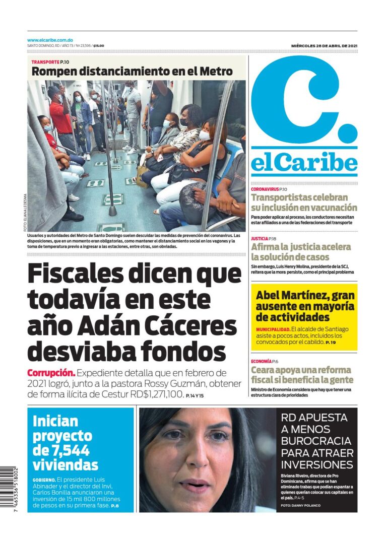 Portada Periódico El Caribe, Miércoles 28 de Abril, 2021