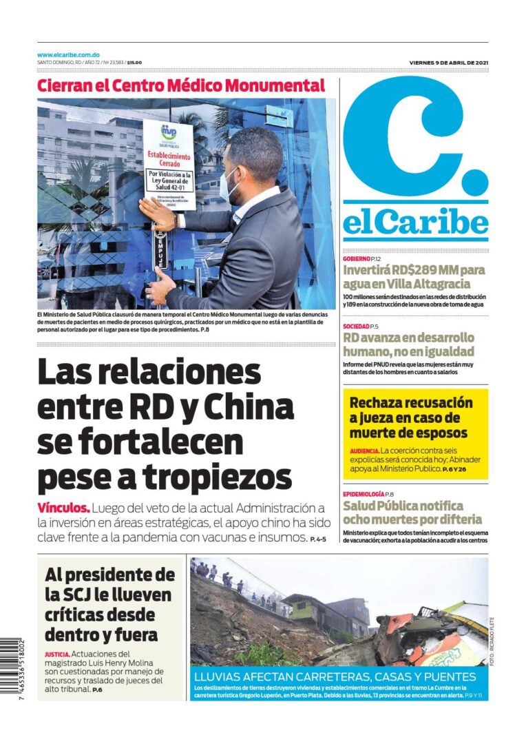 Portada Periódico El Caribe, Viernes 09 de Abril, 2021