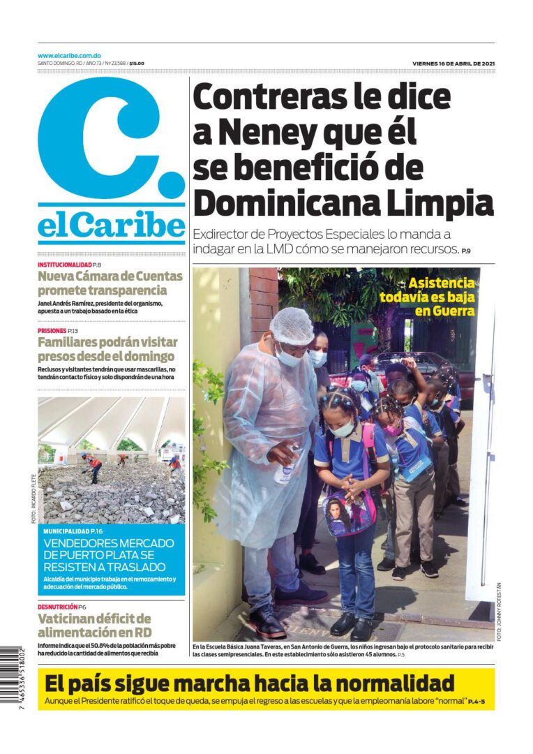 Portada Periódico El Caribe, Viernes 16 de Abril, 2021