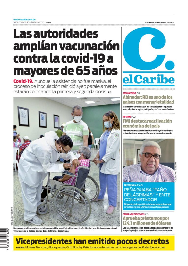 Portada Periódico El Caribe, Viernes 23 de Abril, 2021
