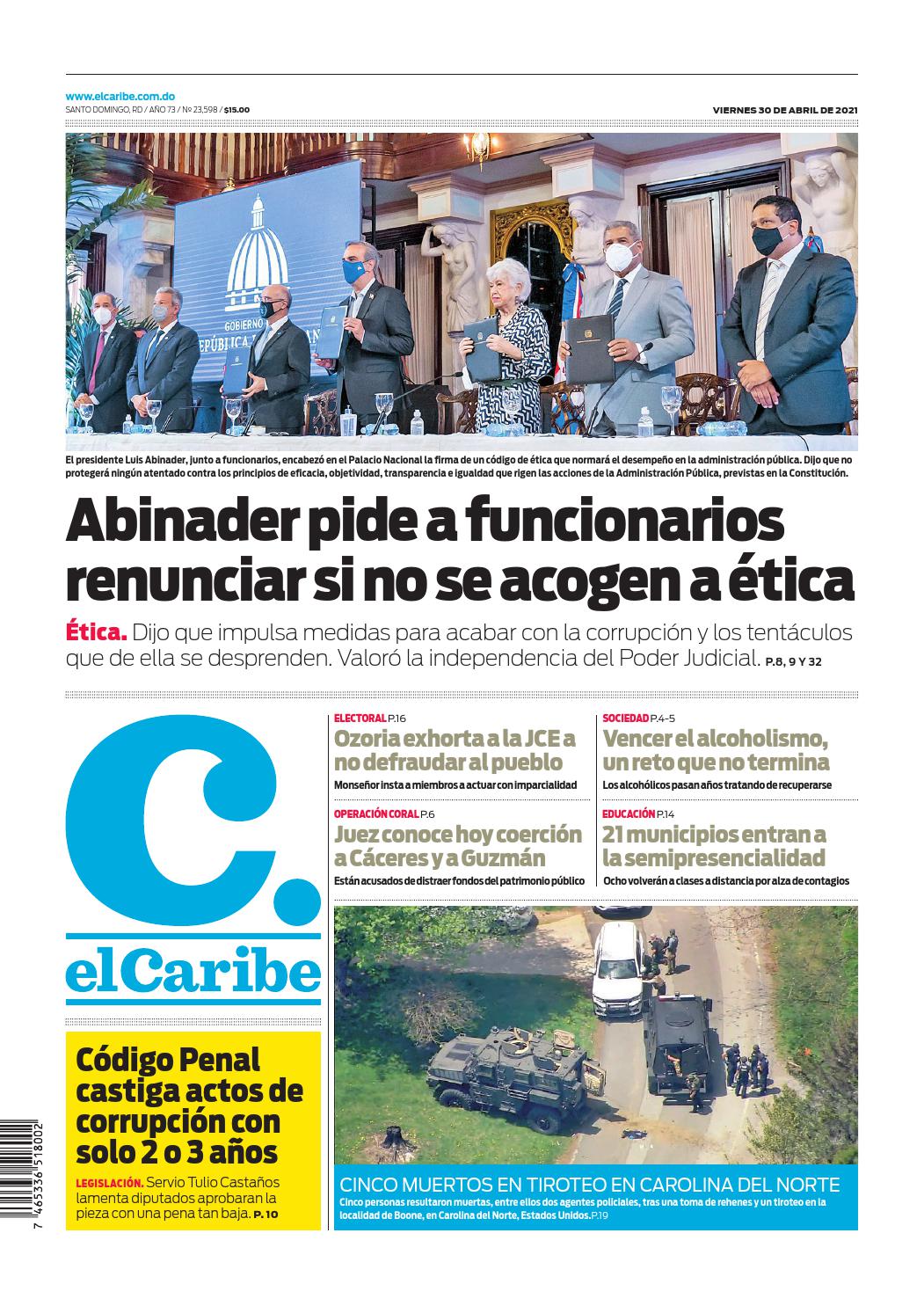 Portada Periódico El Caribe, Viernes 30 de Abril, 2021