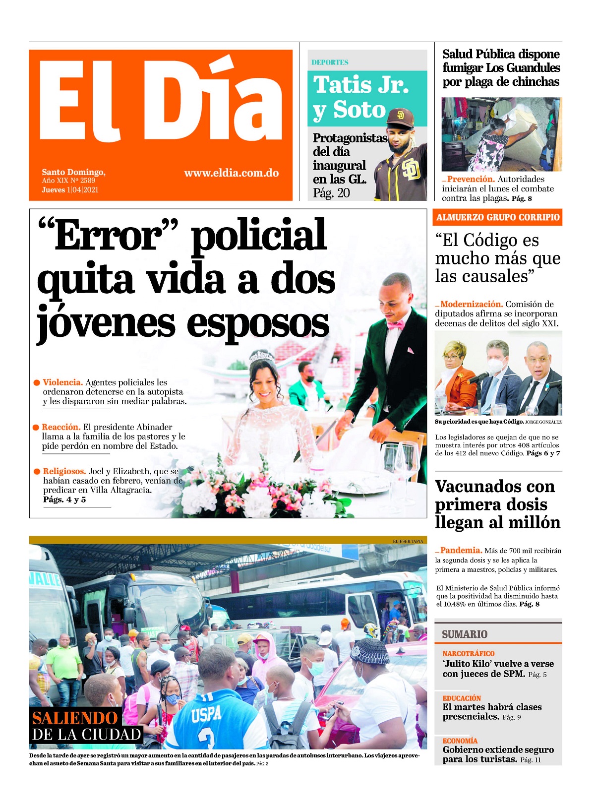 Portada Periódico El Día, Jueves 01 de Abril, 2021