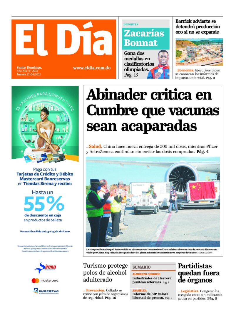 Portada Periódico El Día, Jueves 22 de Abril, 2021