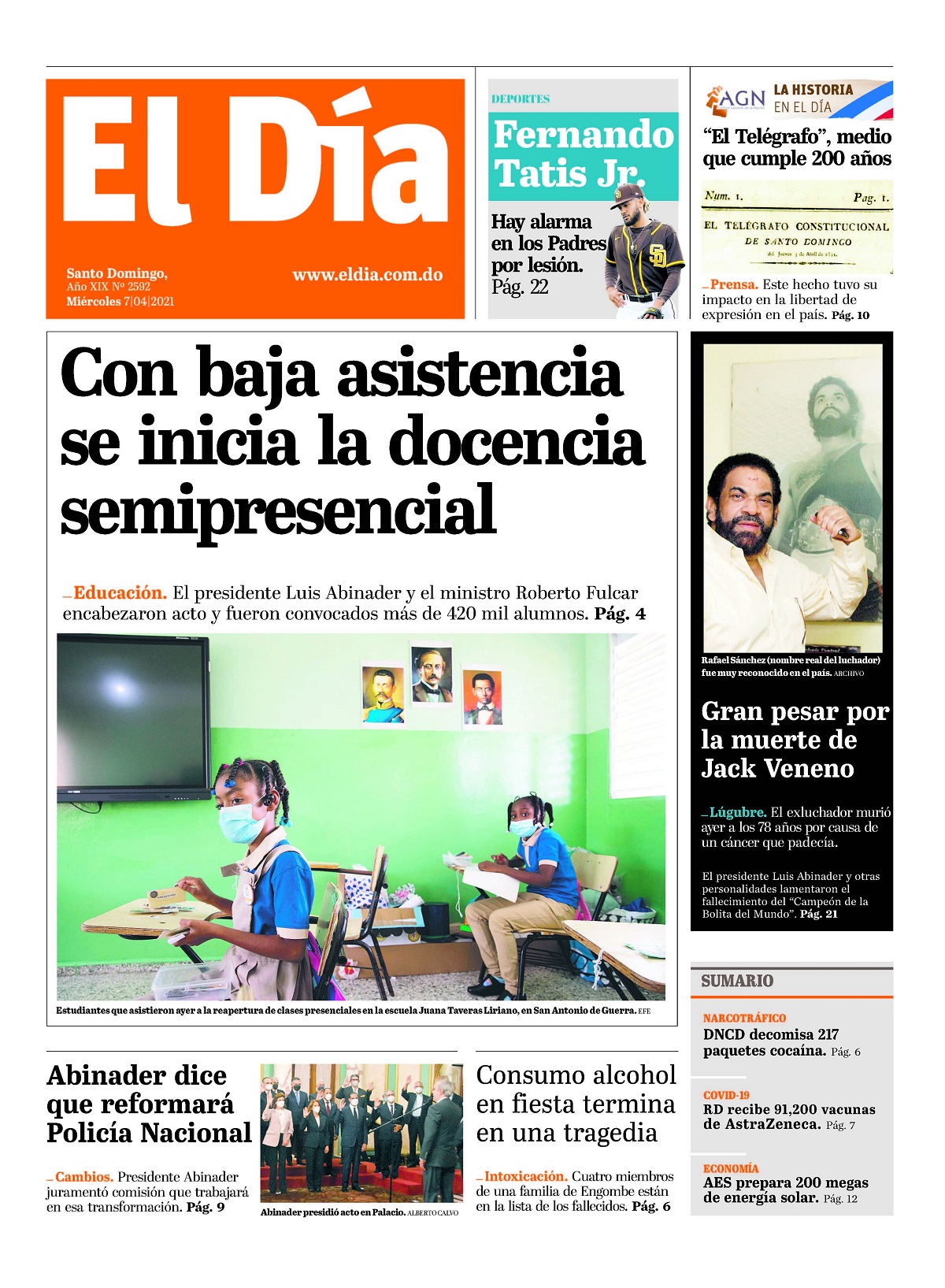 Portada Periódico El Día, Miércoles 07 de Abril, 2021