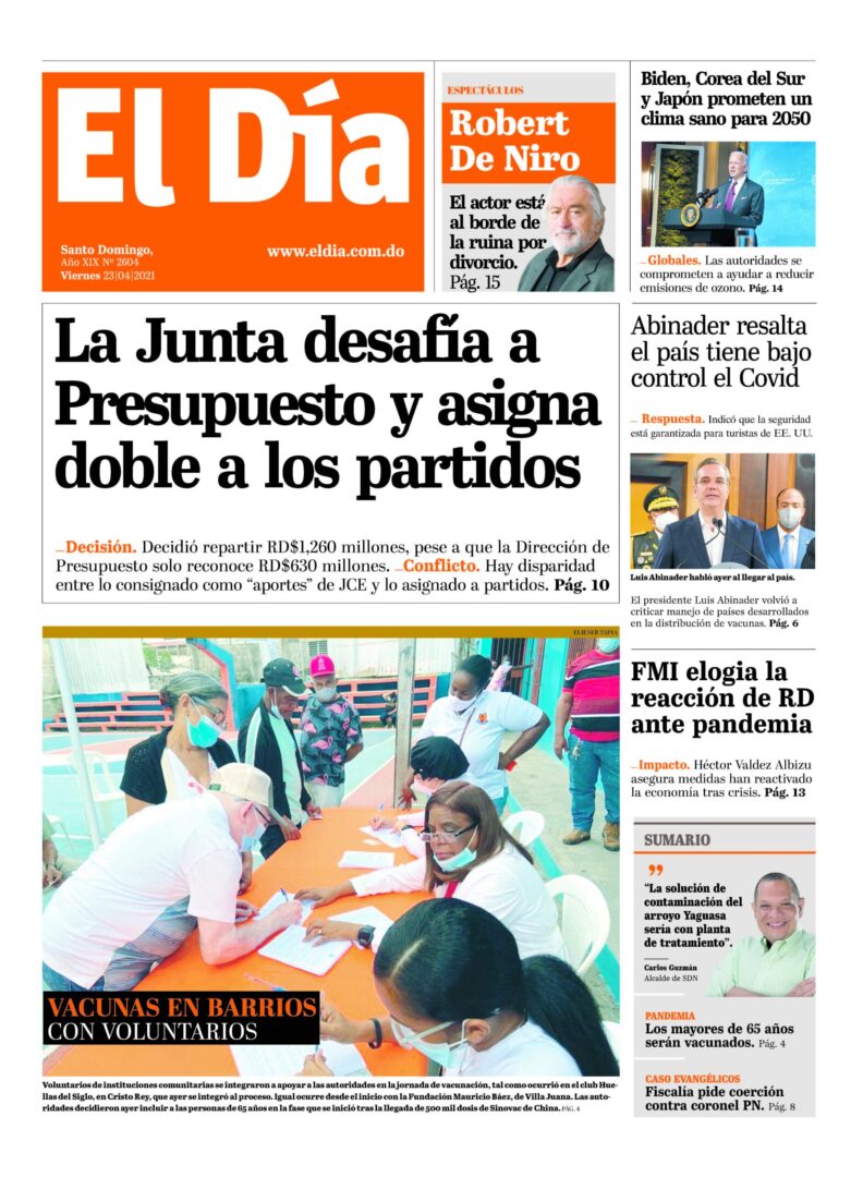 Portada Periódico El Día, Viernes 23 de Abril, 2021