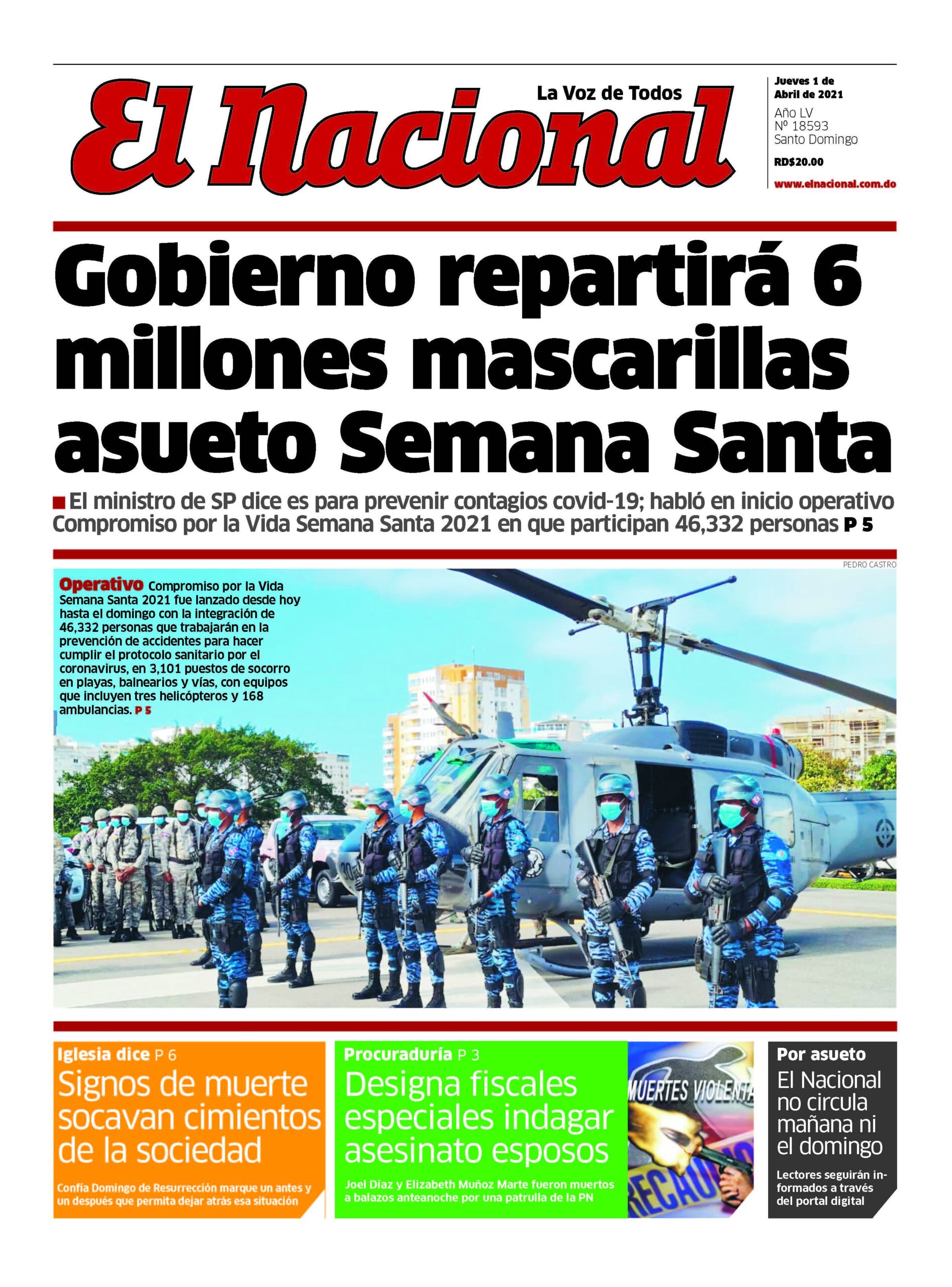 Portada Periódico El Nacional, Jueves 01 de Abril, 2021