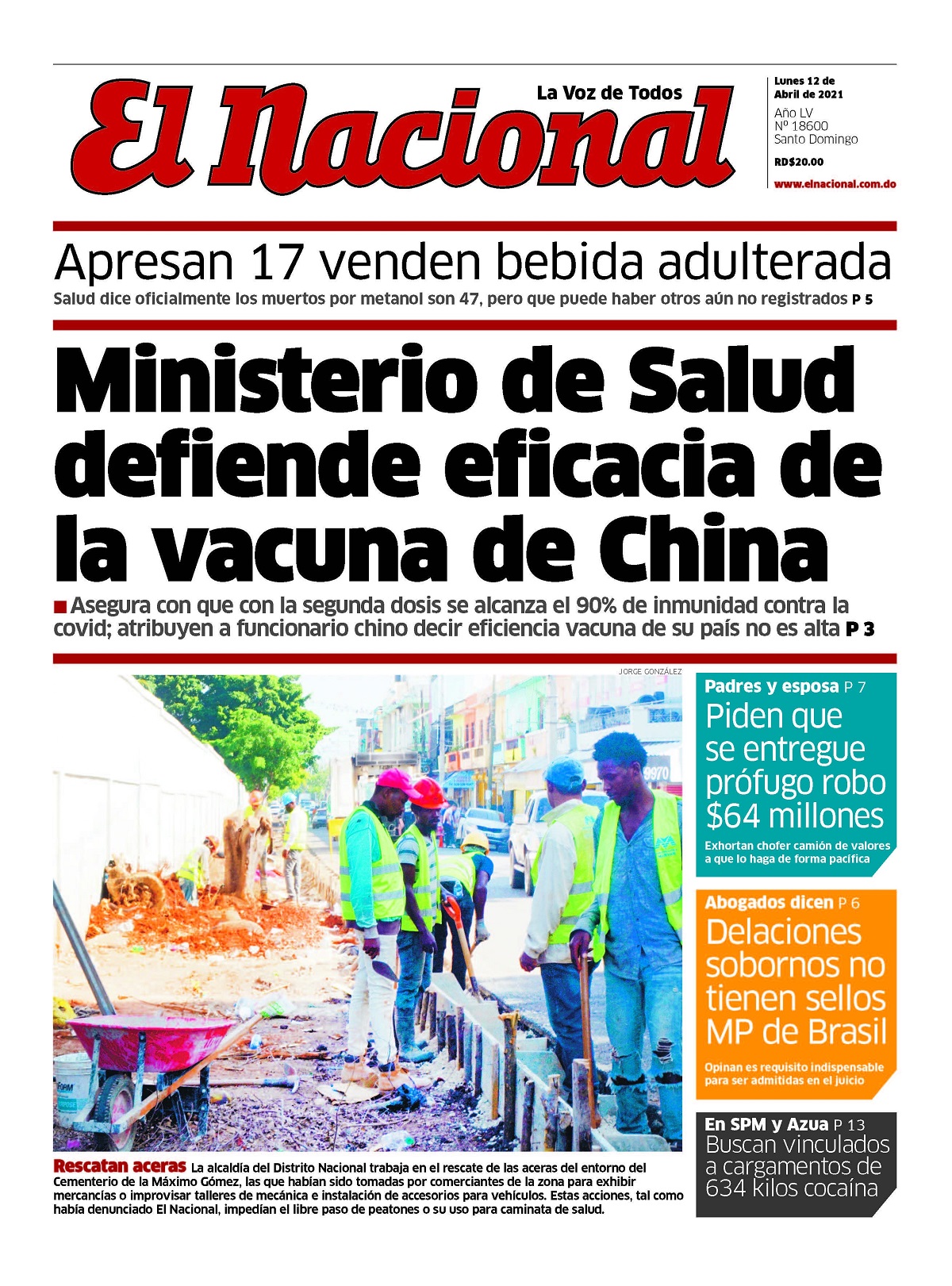 Portada Periódico El Nacional, Lunes 12 de Abril, 2021