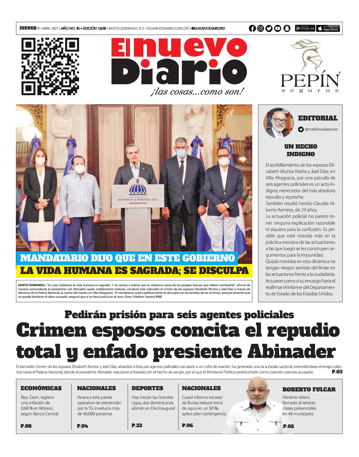 Portada Periódico El Nuevo Diario, Jueves 01 de Abril, 2021