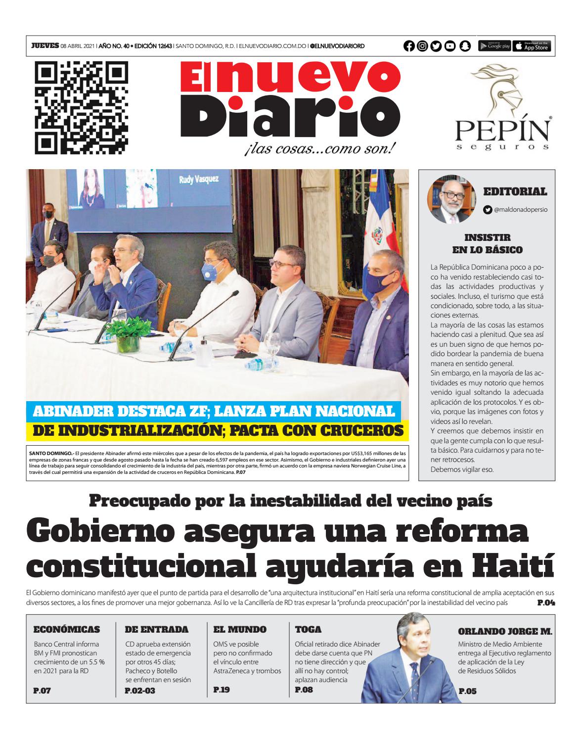 Portada Periódico El Nuevo Diario, Jueves 08 de Abril, 2021