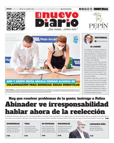 Portada Periódico El Nuevo Diario, Jueves 15 de Abril, 2021