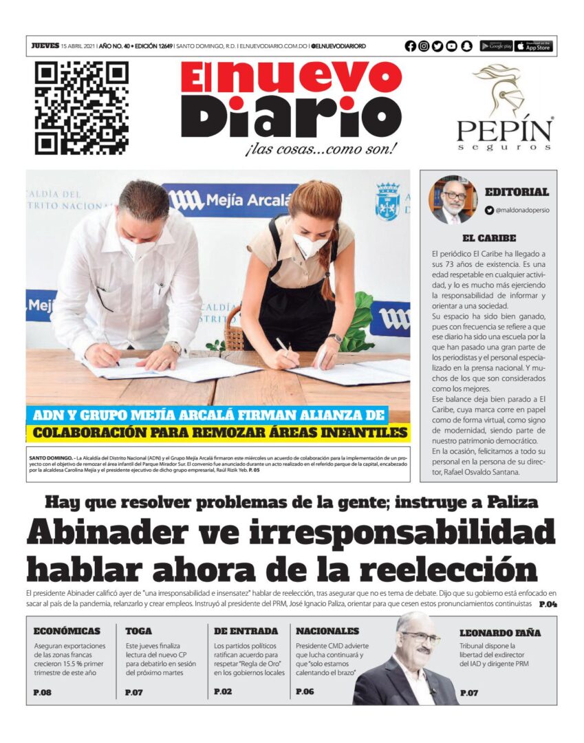 Portada Periódico El Nuevo Diario, Jueves 15 de Abril, 2021