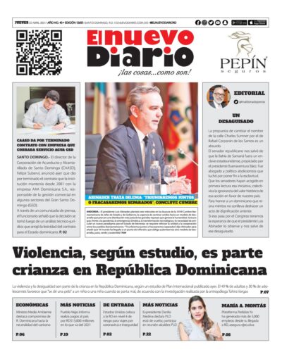 Portada Periódico El Nuevo Diario, Jueves 22 de Abril, 2021