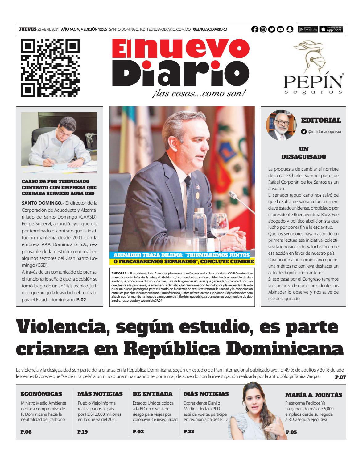 Portada Periódico El Nuevo Diario, Jueves 22 de Abril, 2021