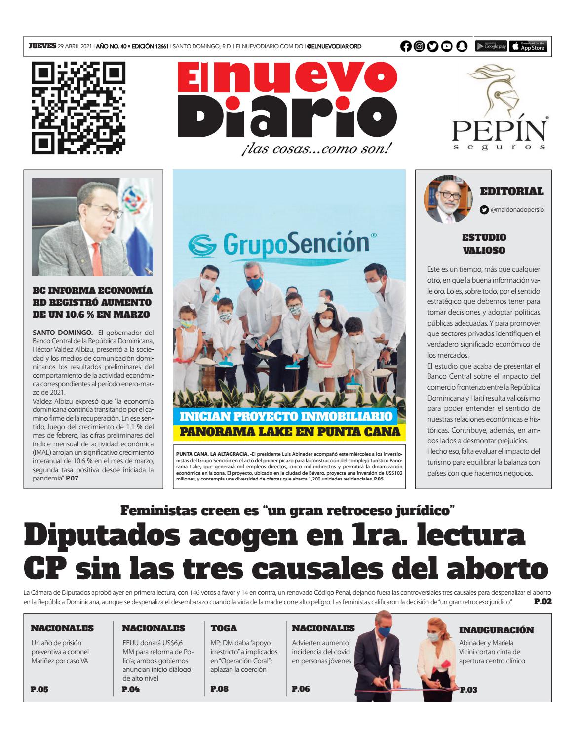Portada Periódico El Nuevo Diario, Jueves 29 de Abril, 2021
