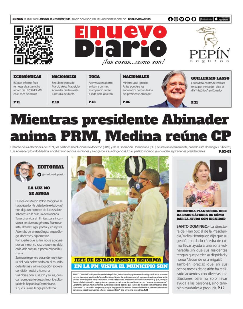 Portada Periódico El Nuevo Diario, Lunes 12 de Abril, 2021