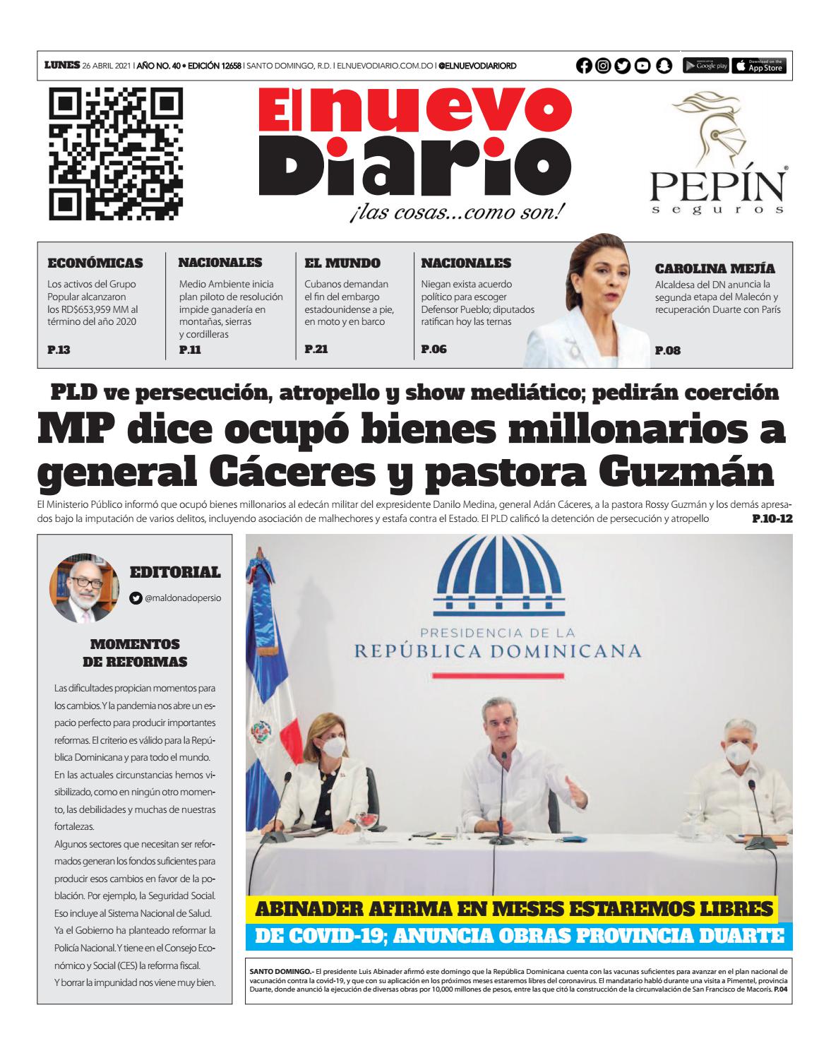 Portada Periódico El Nuevo Diario, Lunes 26 de Abril, 2021