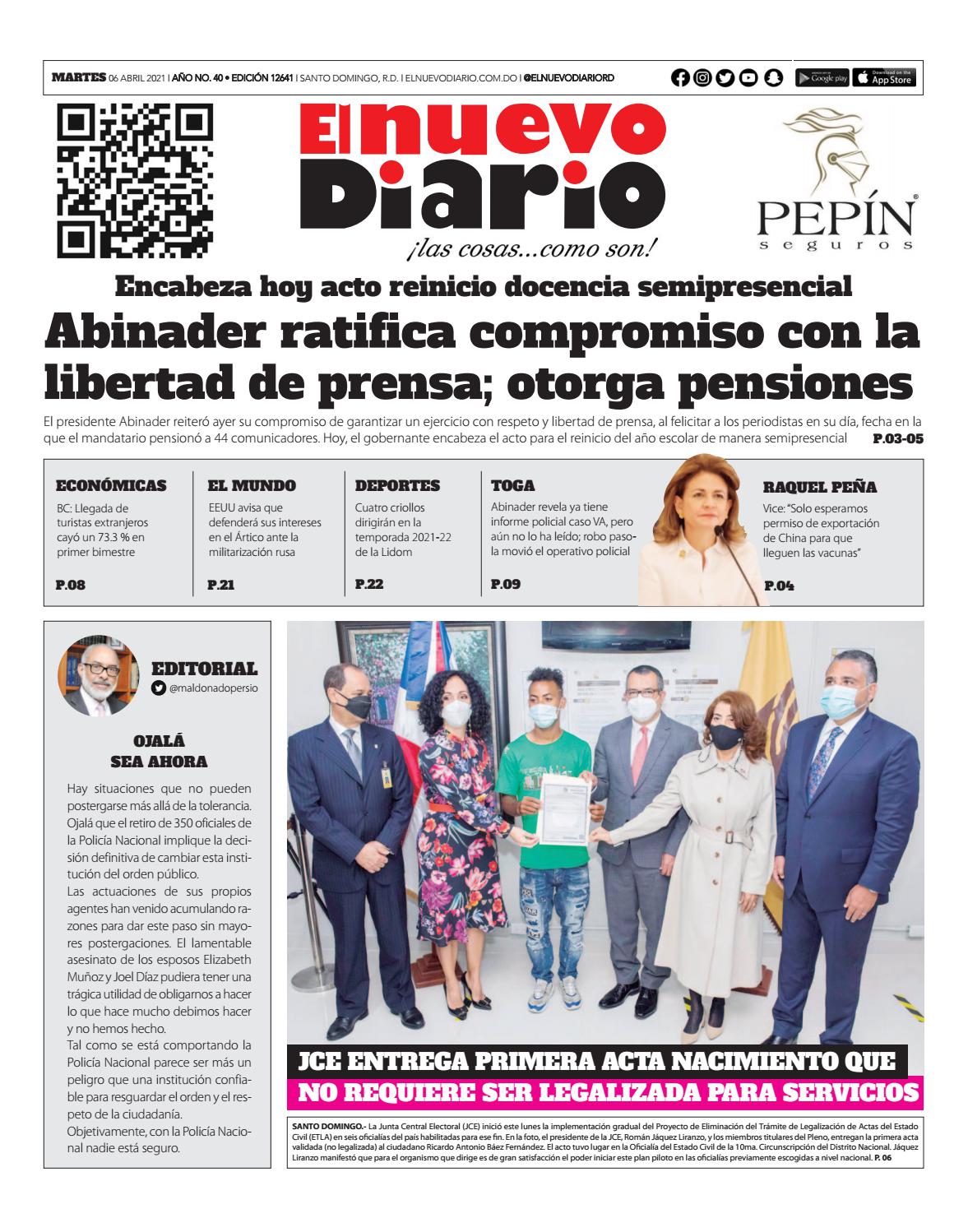 Portada Periódico El Nuevo Diario, Martes 06 de Abril, 2021