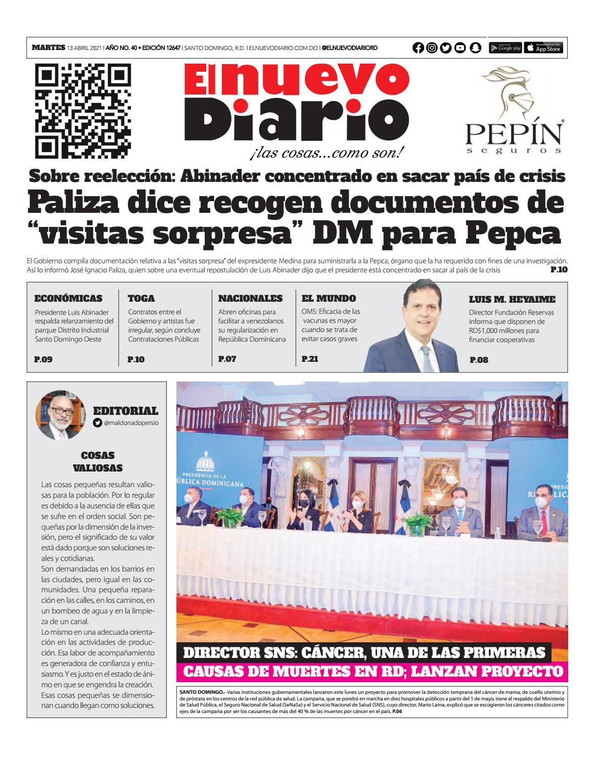 Portada Periódico El Nuevo Diario, Martes 13 de Abril, 2021