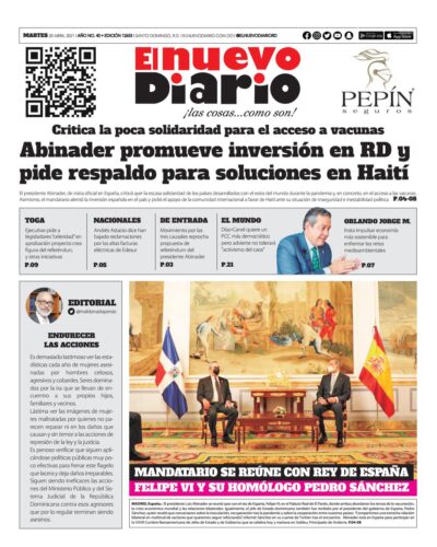 Portada Periódico El Nuevo Diario, Martes 20 de Abril, 2021