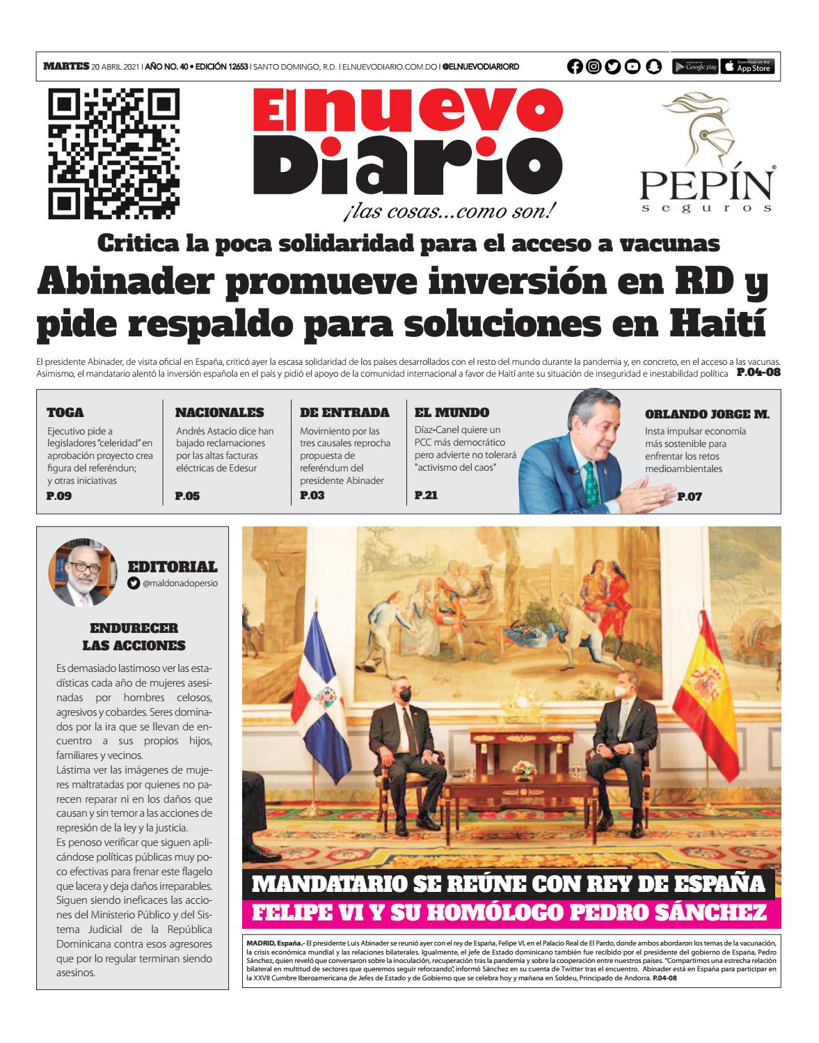 Portada Periódico El Nuevo Diario, Martes 20 de Abril, 2021