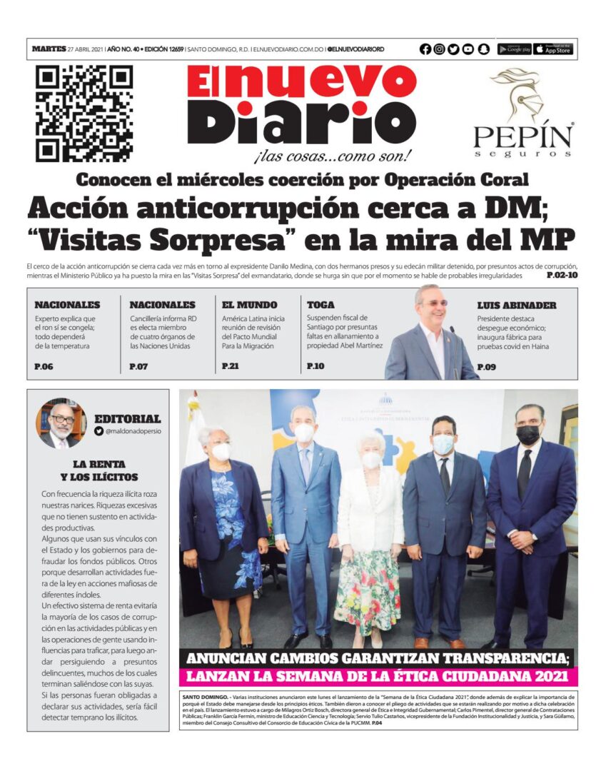 Portada Periódico El Nuevo Diario, Martes 27 de Abril, 2021