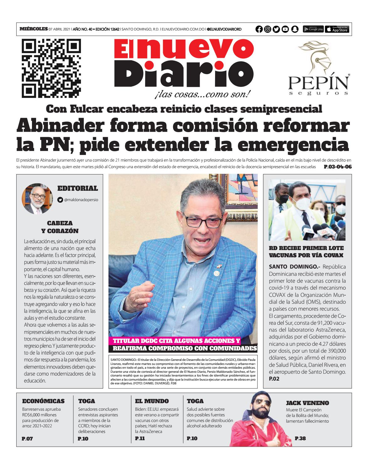 Portada Periódico El Nuevo Diario, Miércoles 07 de Abril, 2021