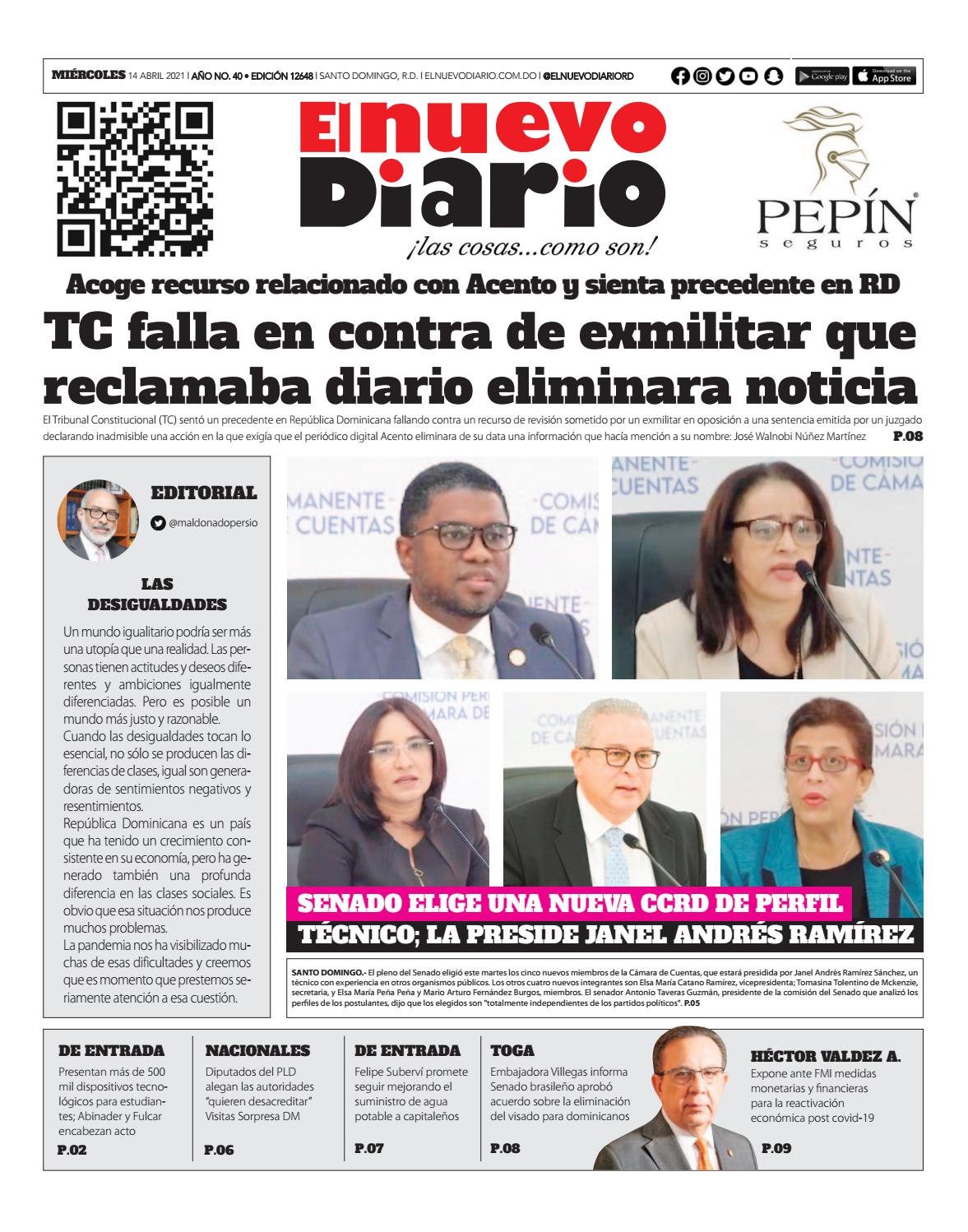 Portada Periódico El Nuevo Diario, Miércoles 14 de Abril, 2021