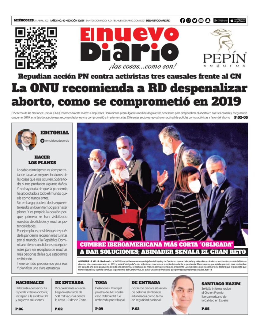 Portada Periódico El Nuevo Diario, Miércoles 21 de Abril, 2021