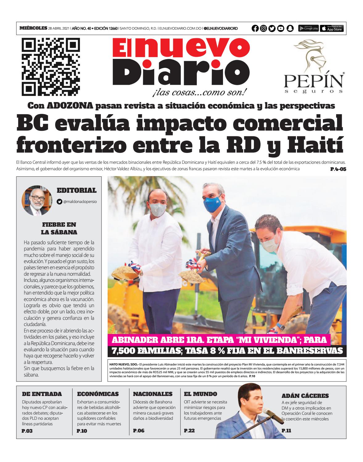 Portada Periódico El Nuevo Diario, Miércoles 28 de Abril, 2021
