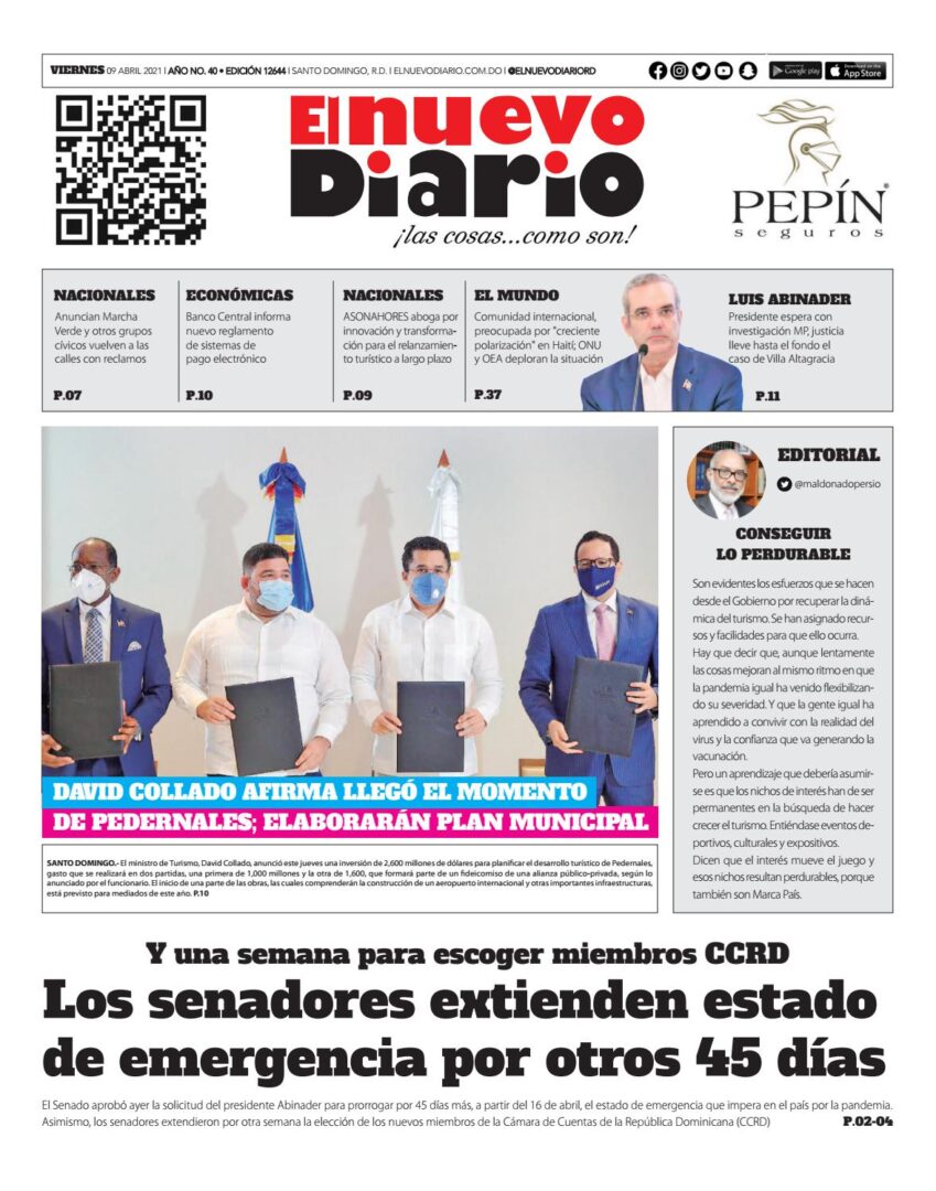 Portada Periódico El Nuevo Diario, Viernes 09 de Abril, 2021