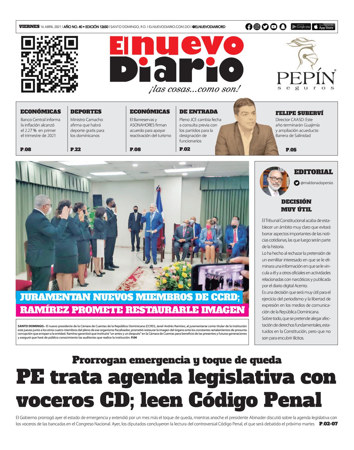 Portada Periódico El Nuevo Diario, Viernes 16 de Abril, 2021