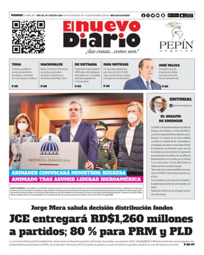Portada Periódico El Nuevo Diario, Viernes 23 de Abril, 2021