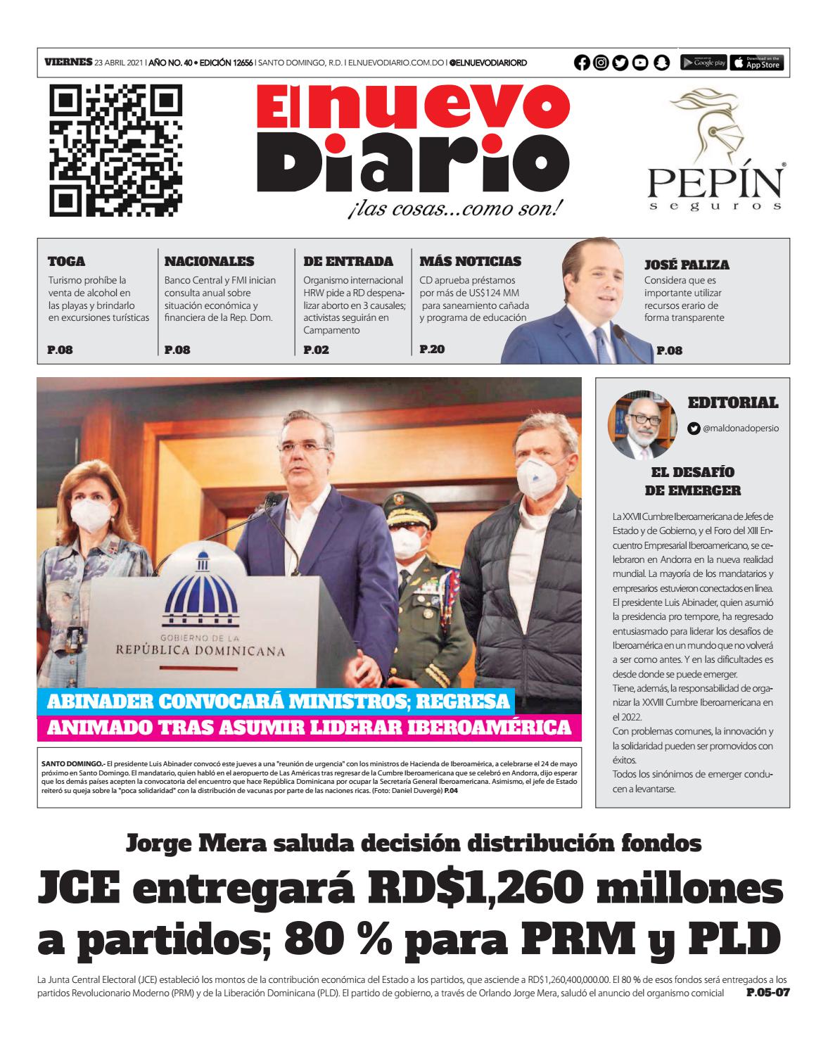 Portada Periódico El Nuevo Diario, Viernes 23 de Abril, 2021