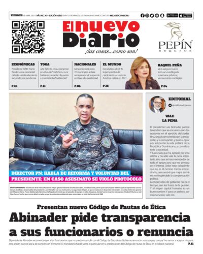 Portada Periódico El Nuevo Diario, Viernes 30 de Abril, 2021