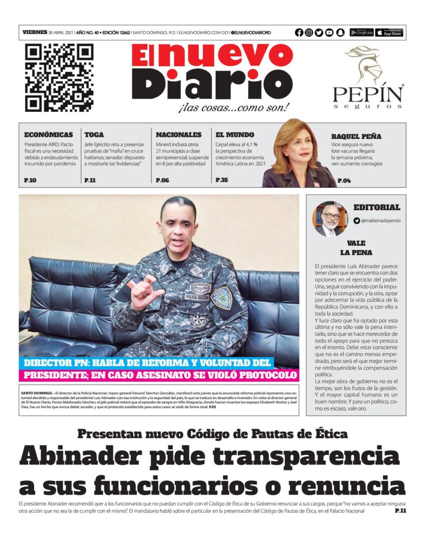 Portada Periódico El Nuevo Diario, Viernes 30 de Abril, 2021