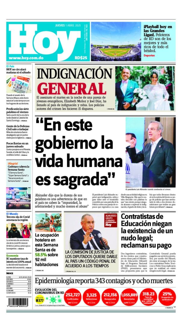 Portada Periódico Hoy, Jueves 01 de Abril, 2021