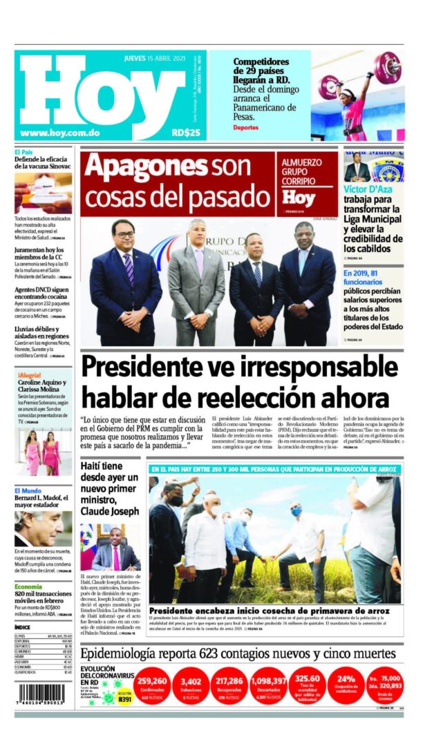 Portada Periódico Hoy, Jueves 15 de Abril, 2021