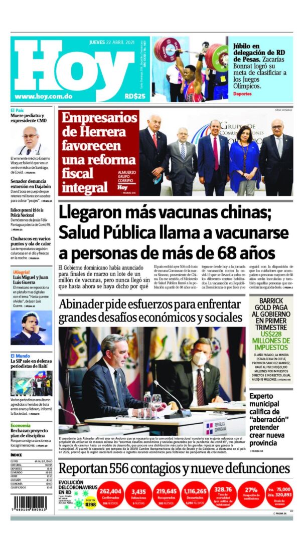 Portada Periódico Hoy, Jueves 22 de Abril, 2021