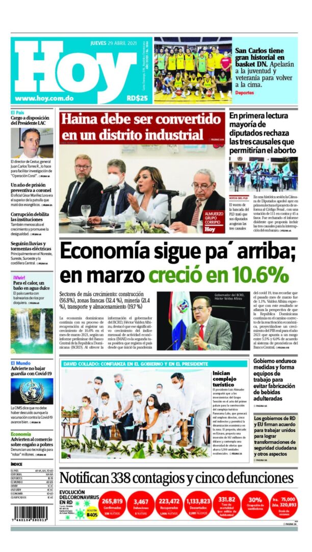 Portada Periódico Hoy, Jueves 29 de Abril, 2021