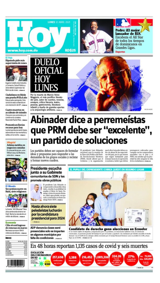 Portada Periódico Hoy, Lunes 12 de Abril, 2021